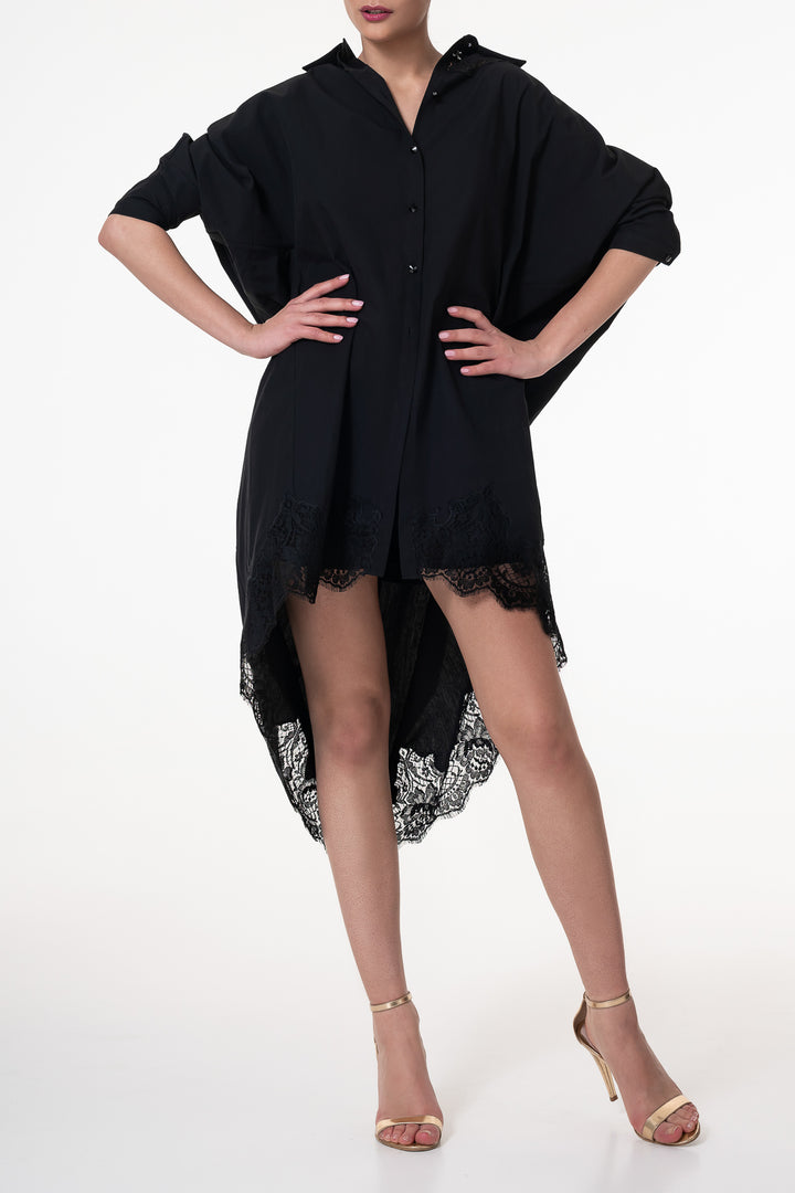 Gioia Lace Inserts Cotton Shirt Dress In Black