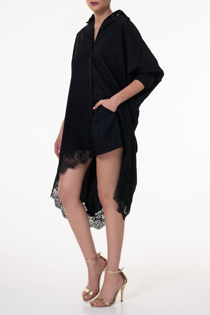 Gioia Lace Inserts Cotton Shirt Dress In Black