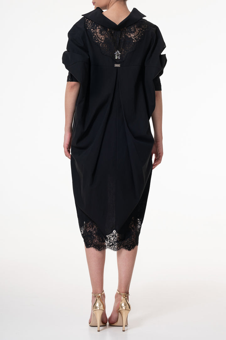 Gioia Lace Inserts Cotton Shirt Dress In Black