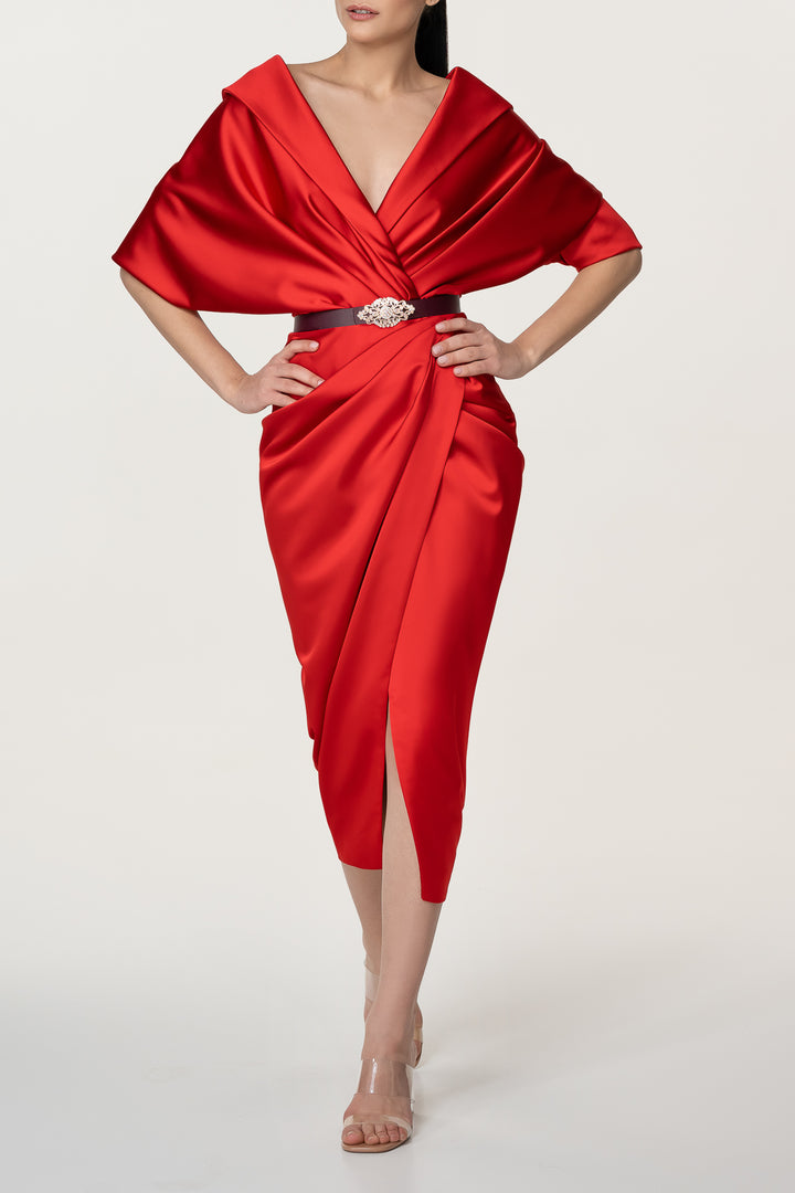 Angelina Satin Midi Dress in Hot-Red