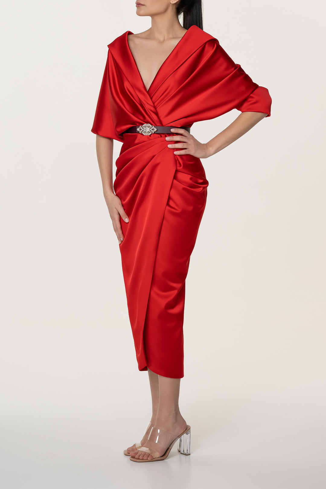 Angelina Satin Midi Dress in Hot-Red