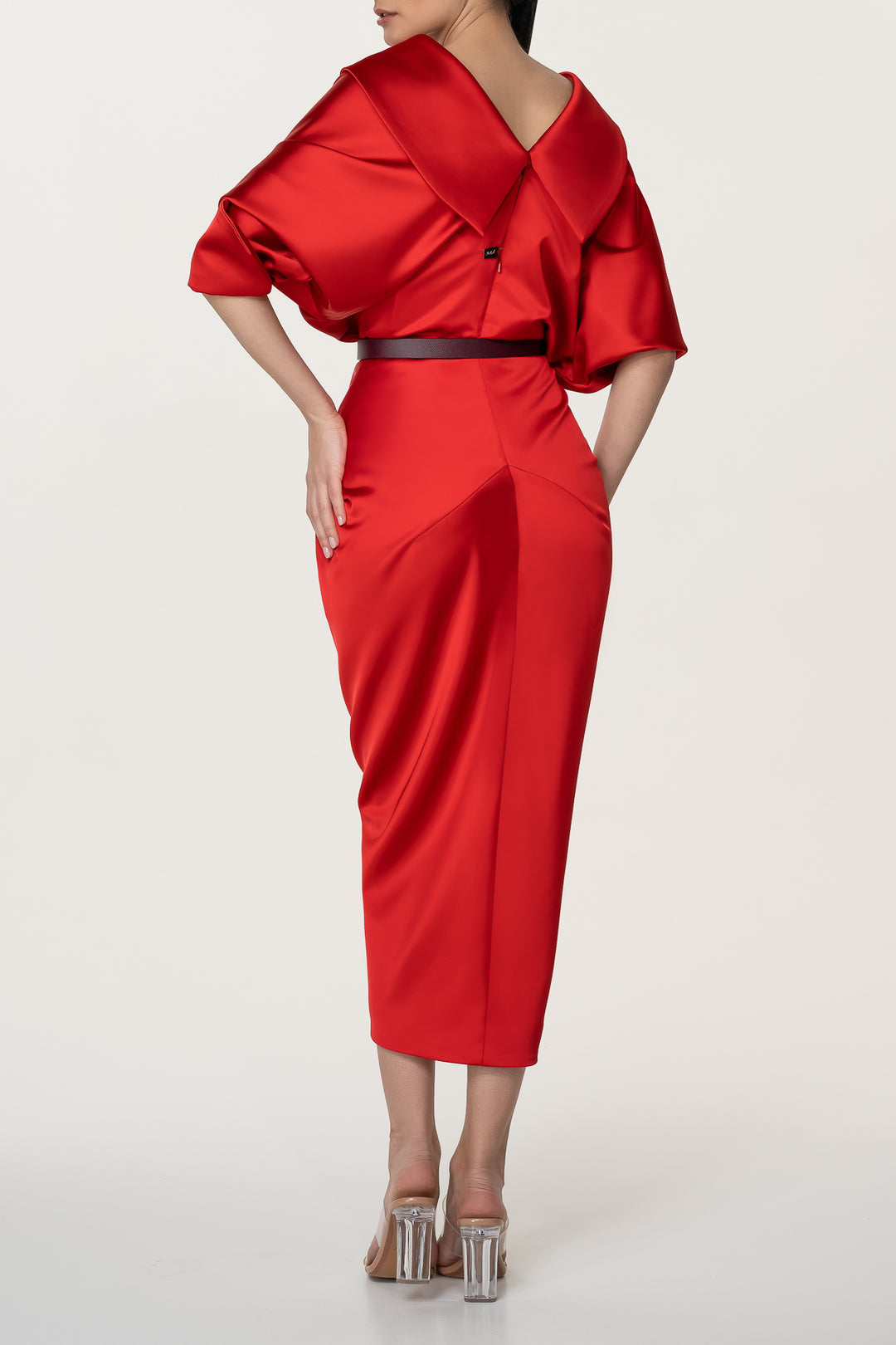 Angelina Satin Midi Dress in Hot-Red