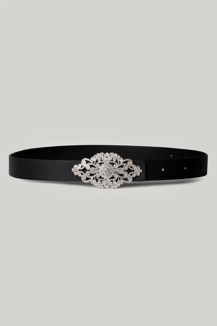 Matte Black Leather Waist Belt With Silver Baroque Buckle