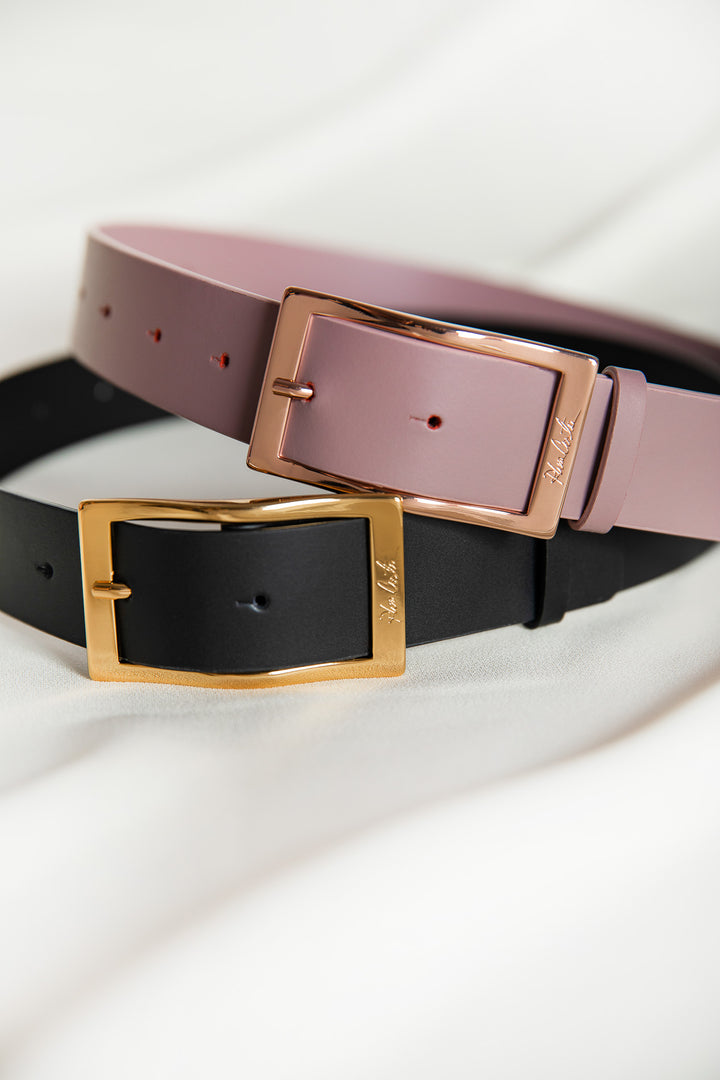 Ripple Matte Black Leather Waist Belt With Gold Buckle