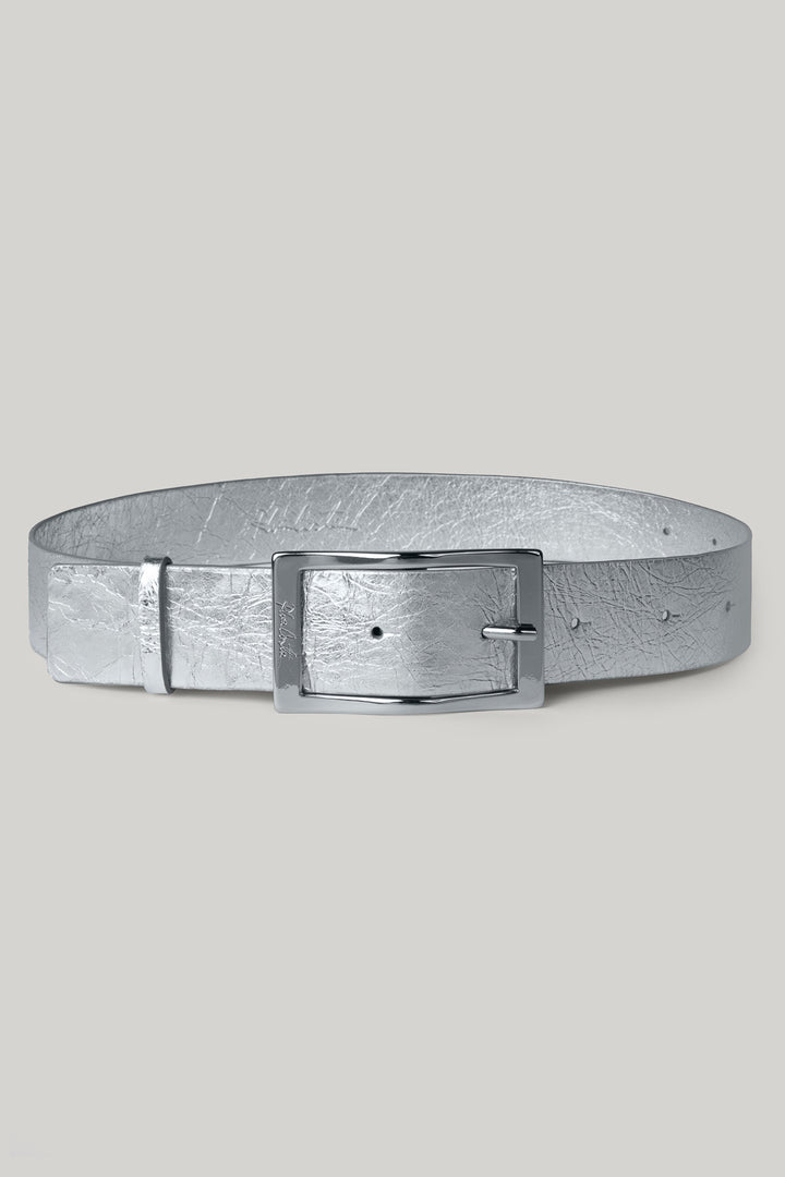 Metallic Silver Leather Waist Belt With Silver Buckle