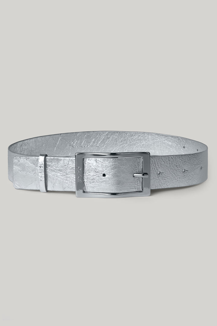 Ripple Metallic Silver Leather Waist Belt With Silver Buckle