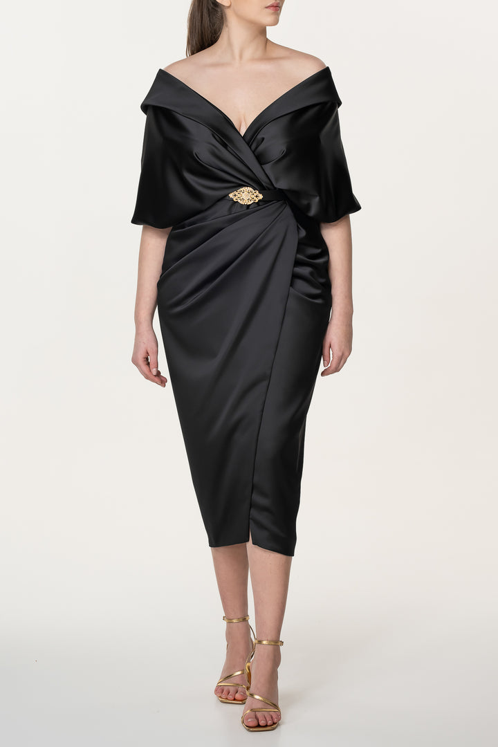 Angelina Satin Midi Dress in Black
