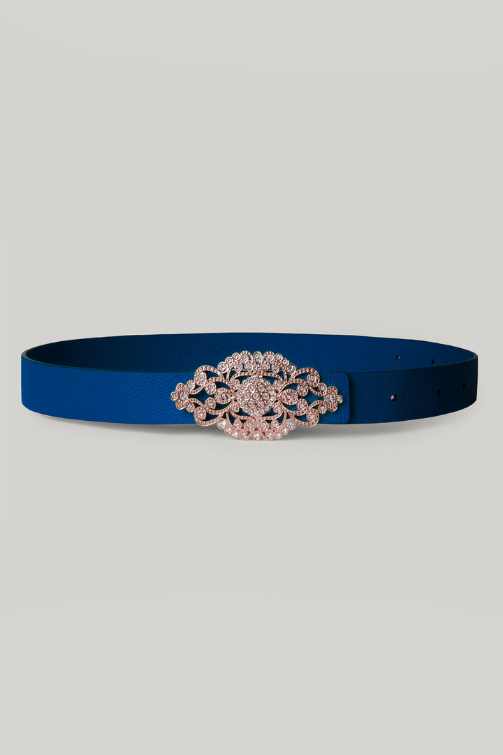 Baroque Sapphire Leather Waist Belt With Rose-Gold Buckle