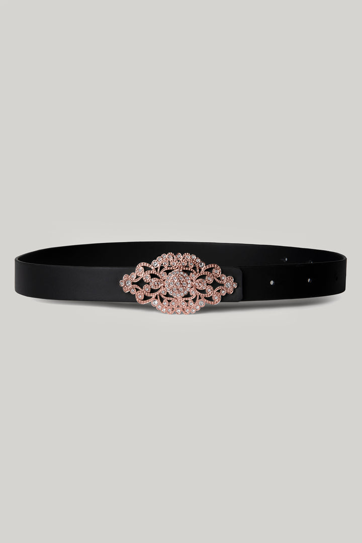 Baroque Matte Black Leather Waist Belt With Rose-Gold Buckle
