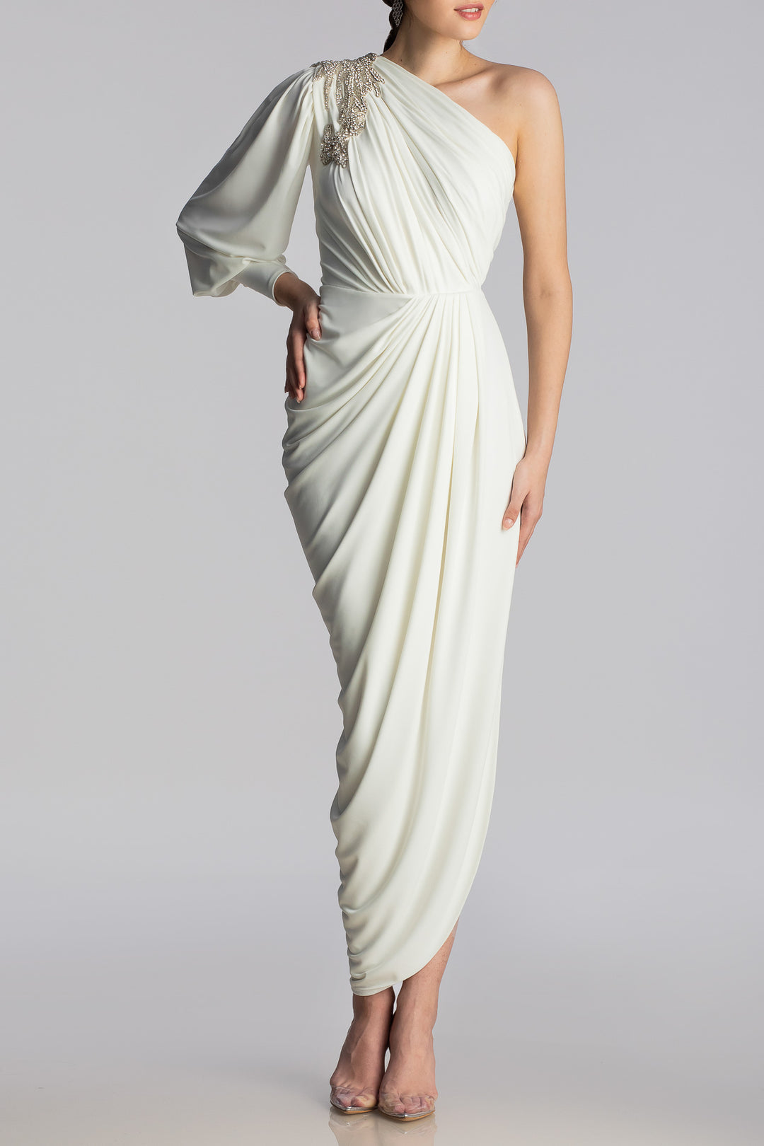 Martina Embroidered Jersey Dress In ivory-Silver