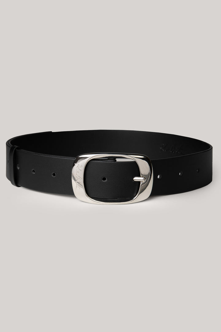 Matte Black Leather Waist Belt With Silver Buckle