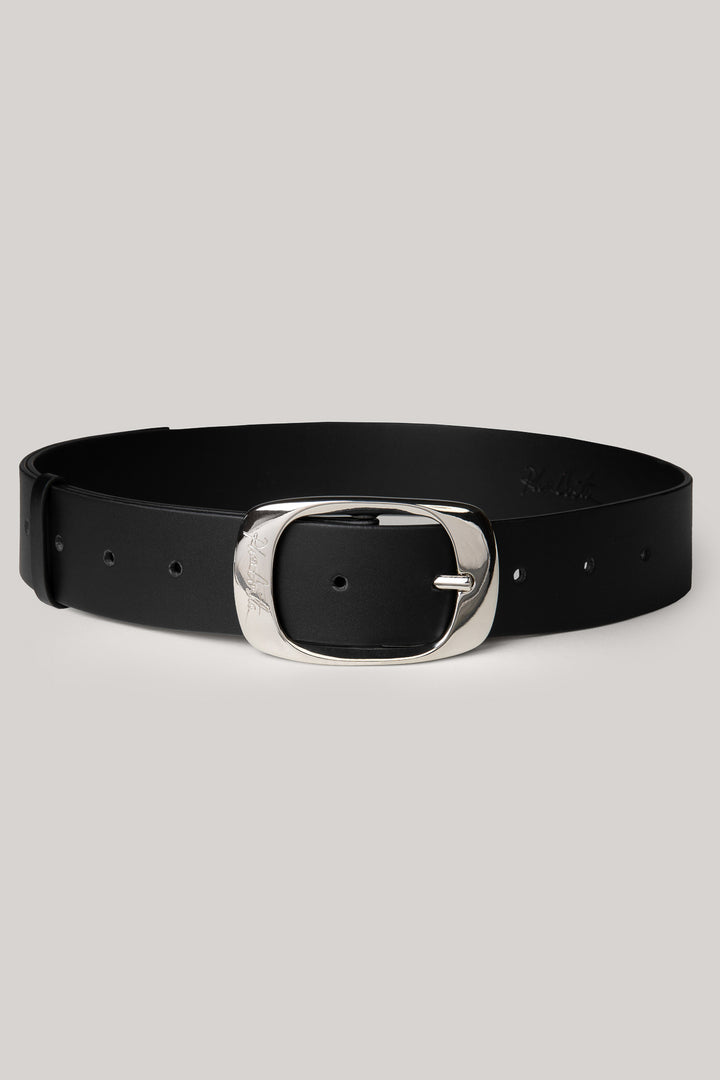 Ellipse Matte Black Leather Waist Belt With Silver Buckle