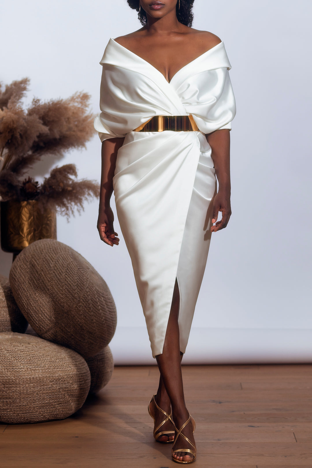 Angelina Satin Midi Dress in Ivory