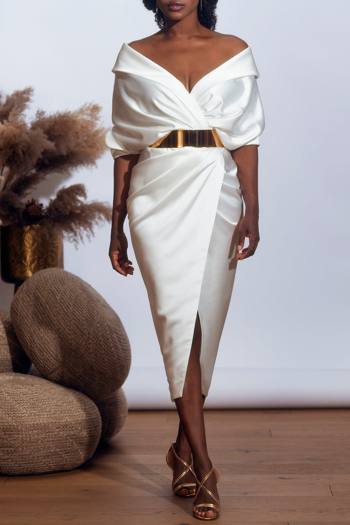 Angelina Satin Midi Dress in Ivory