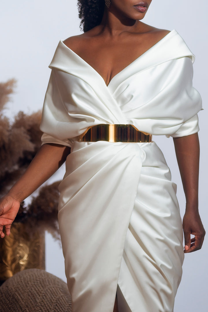 Angelina Satin Midi Dress in Ivory