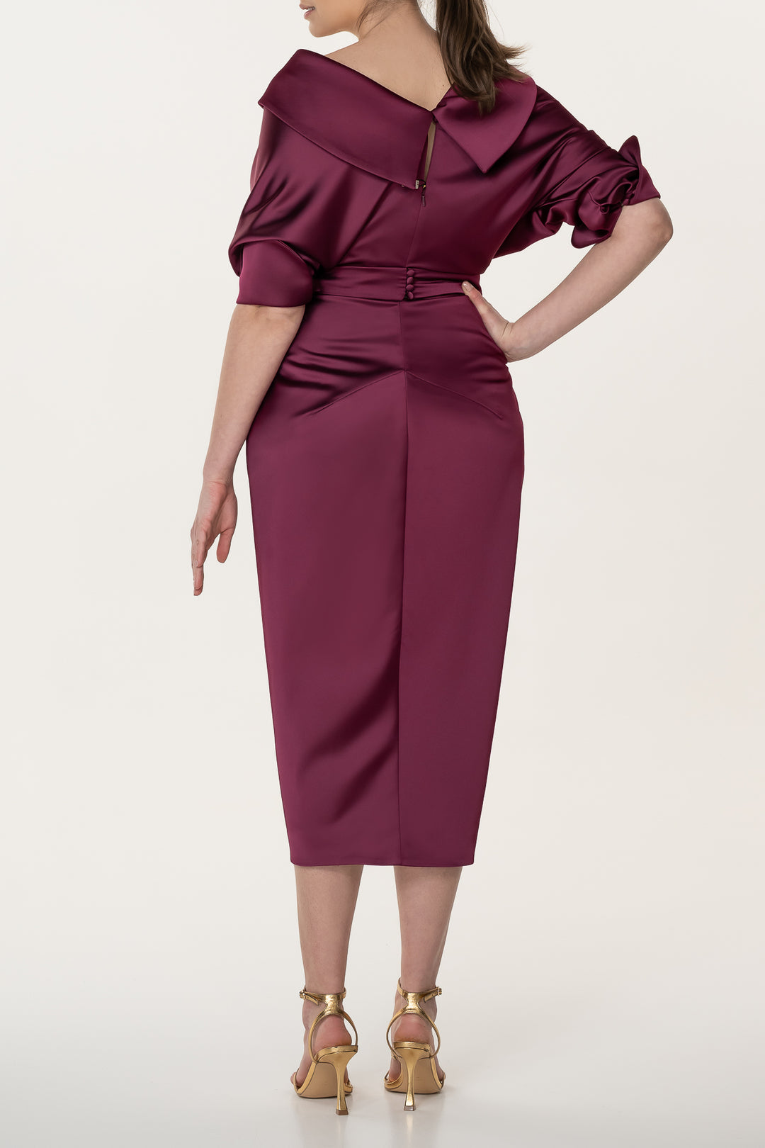 Angelina Satin Midi Dress in Burgundy