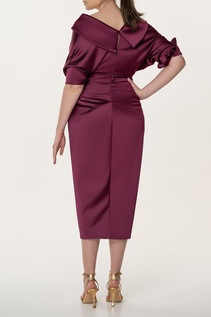 Angelina Satin Midi Dress in Burgundy