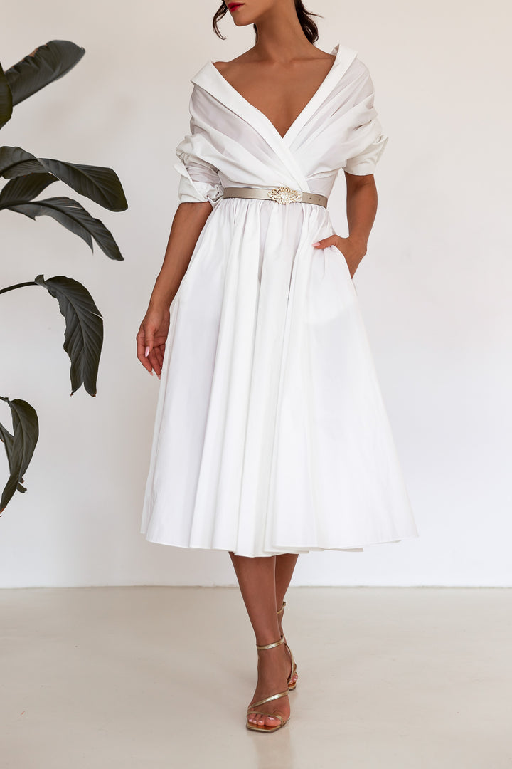 Carrie Taffeta Midi Dress in Ivory