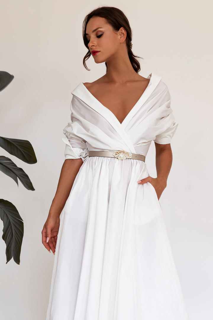 Carrie Taffeta Midi Dress in Ivory