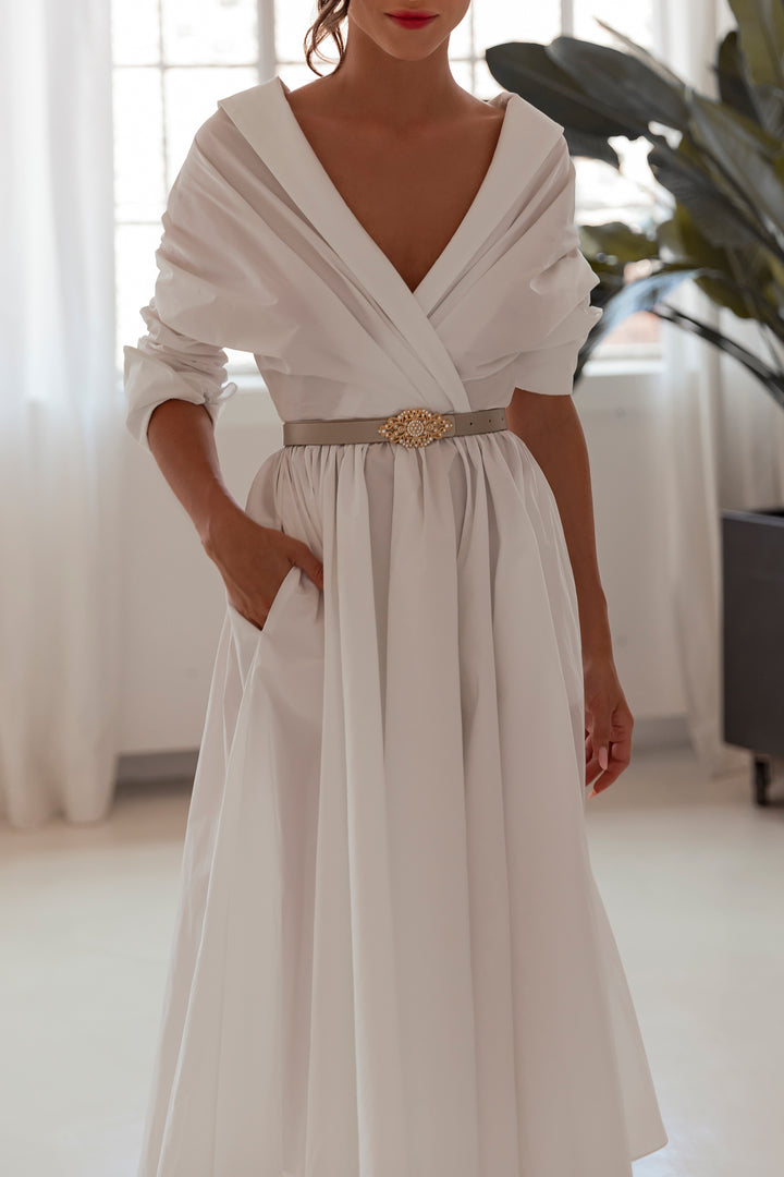 Carrie Taffeta Midi Dress in Ivory