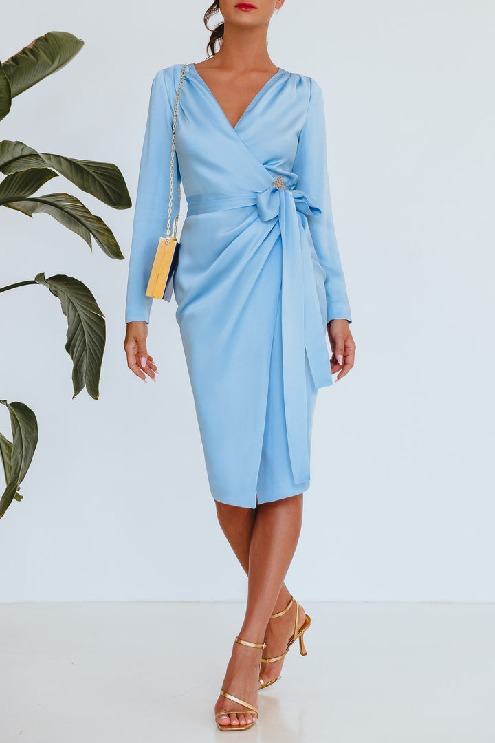 Romy Light Blue Satin Midi Dress