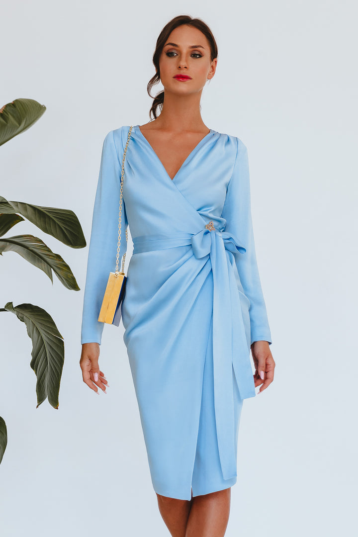 Romy Satin Midi Dress In Light-Blue