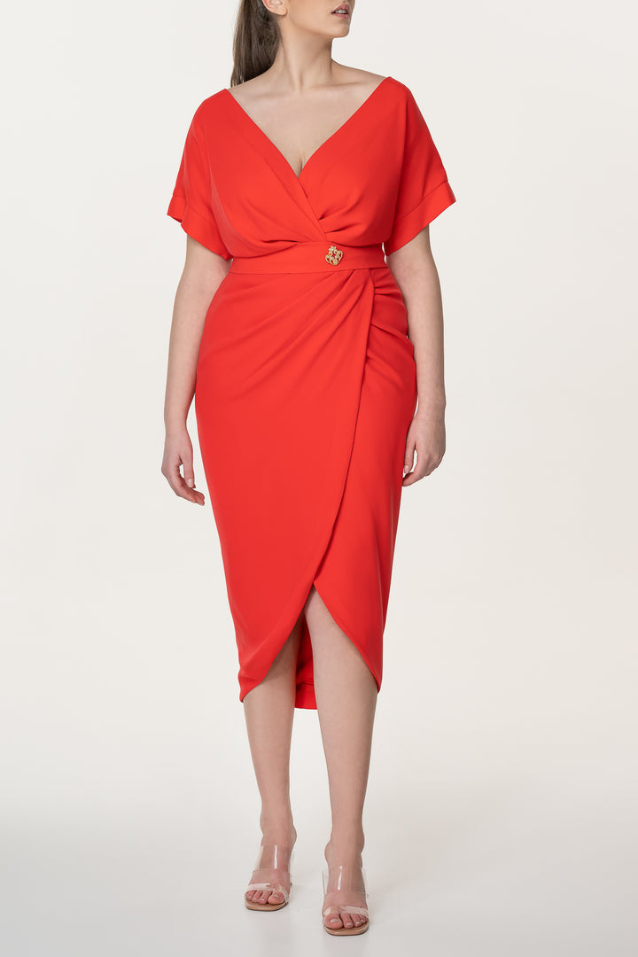 Jaya Crepe Midi Dress in Coral Red