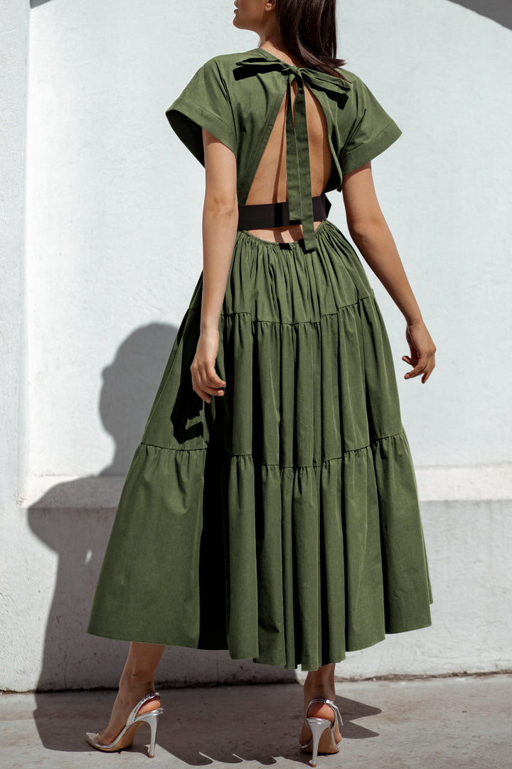 Joy Open Back Olive Cotton Dress