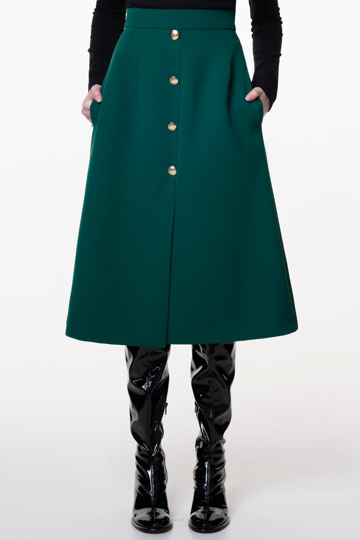 Emerald Crepe Midi Skirt With Golden Front Buttons