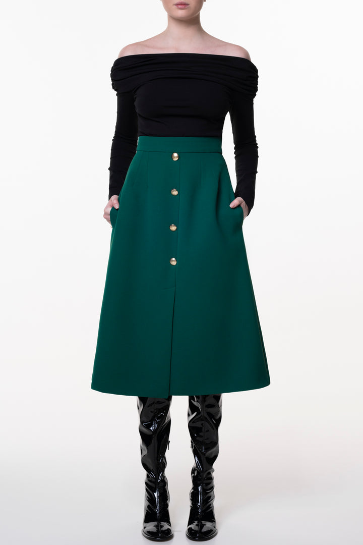 Emerald Crepe Midi Skirt With Golden Front Buttons