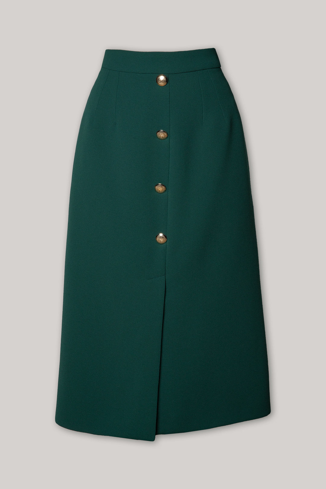 Emerald Crepe Midi Skirt With Golden Front Buttons