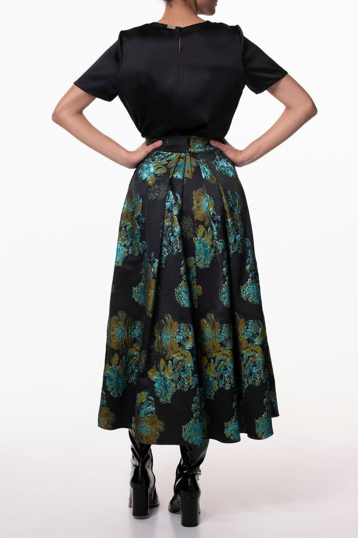 Jasmine Flower Brocade Skirt In Black Turqoise