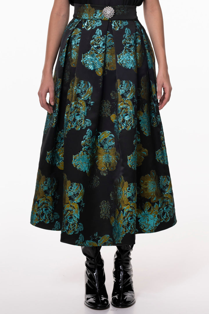 Jasmine Black Turquoise Flower Brocade Skirt