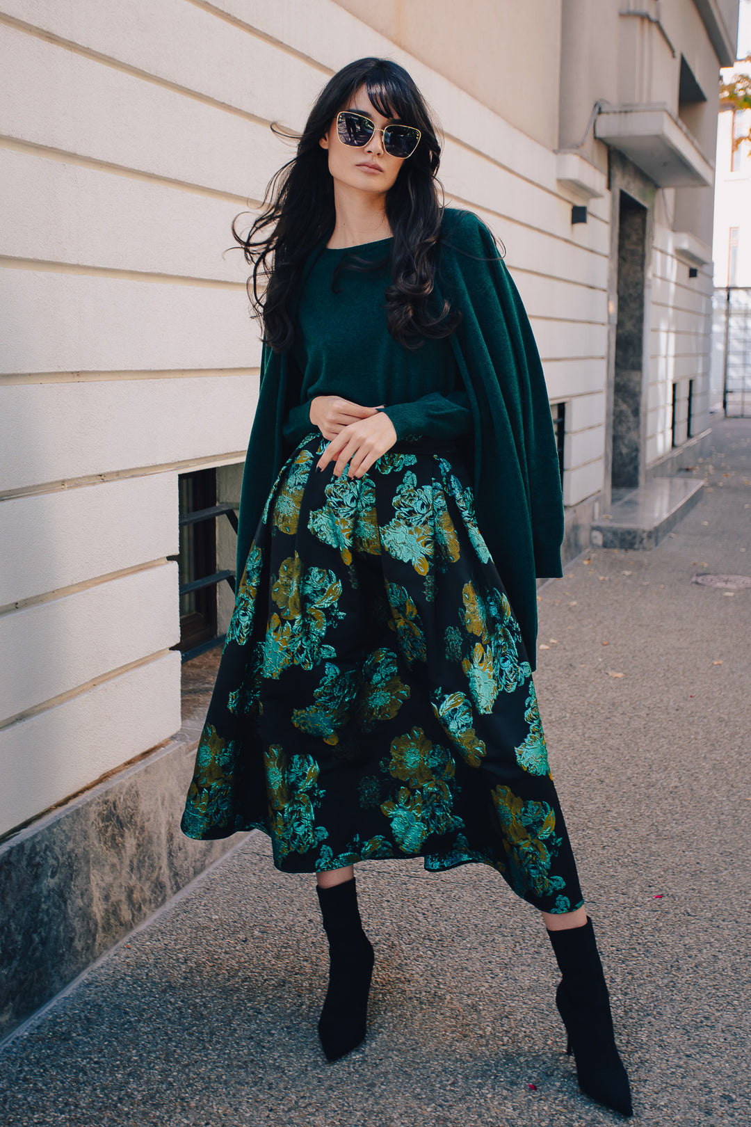 Jasmine Black Turquoise Flower Brocade Skirt