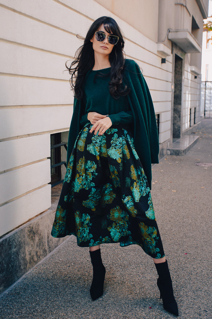 Jasmine Flower Brocade Skirt In Black Turqoise