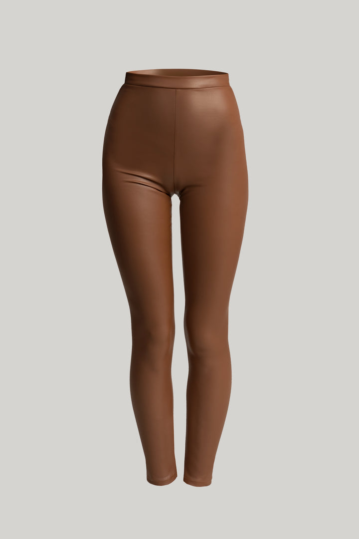 Stretchy Vegan Leather Leggings In Camel