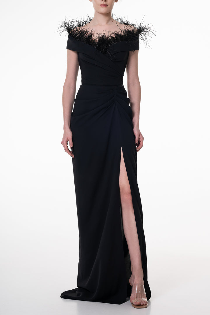 Athena Feather-Trimmed Crepe Long Dress In Black