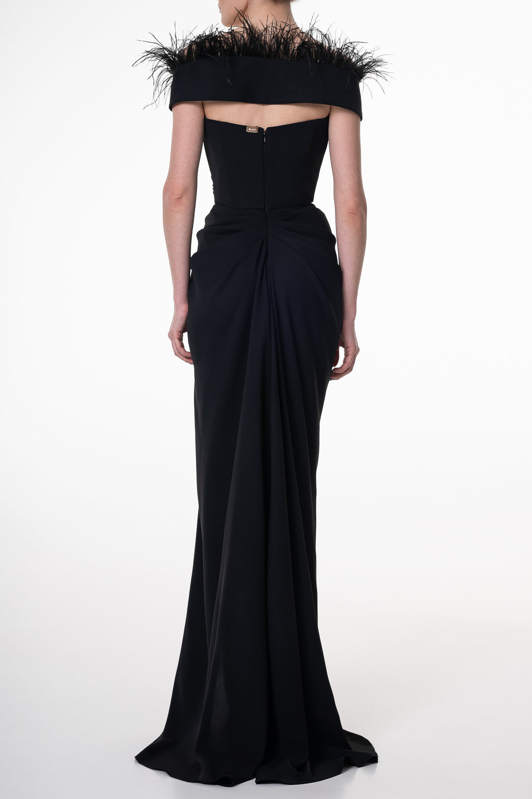 Athena Feather-Trimmed Crepe Long Dress In Black