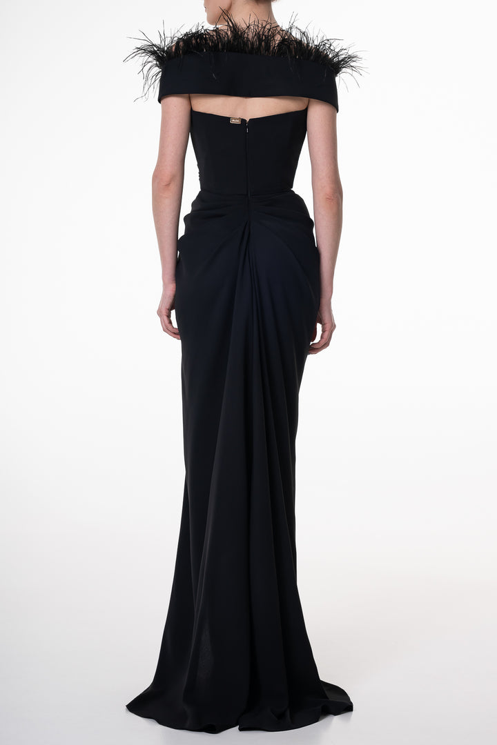 Athena Feather-Trimmed Crepe Long Dress In Black