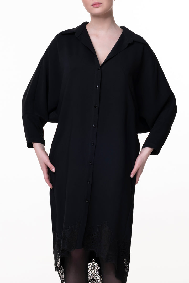 Asy Black Lace Embroidered Shirt Midi Dress