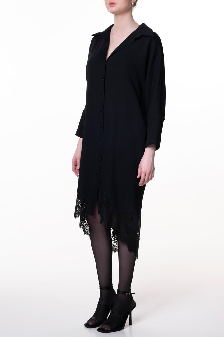 Asy Black Lace Embroidered Shirt Midi Dress