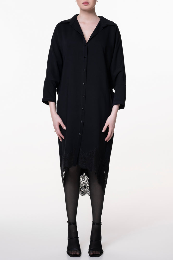 Asy Black Lace Embroidered Shirt Midi Dress