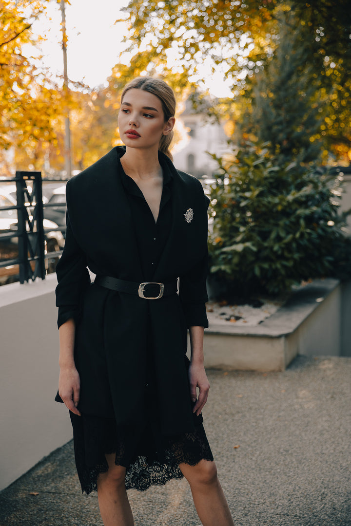 Black Lace Embroidered Shirt Midi Dress