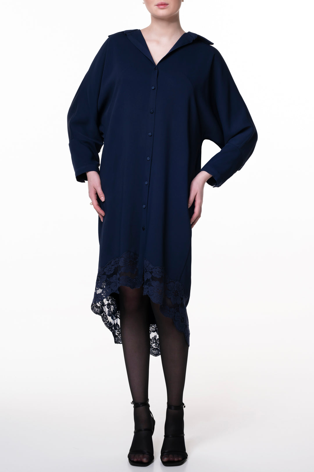 Asy Midnight Blue Lace Embroidered Shirt Midi Dress