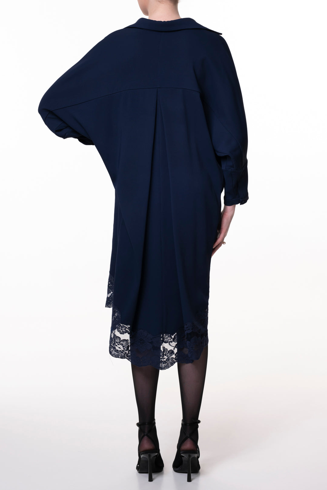 Asy Midnight Blue Lace Embroidered Shirt Midi Dress