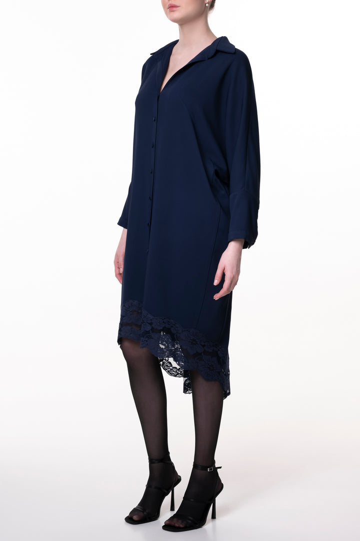 Asy Midnight Blue Lace Embroidered Shirt Midi Dress