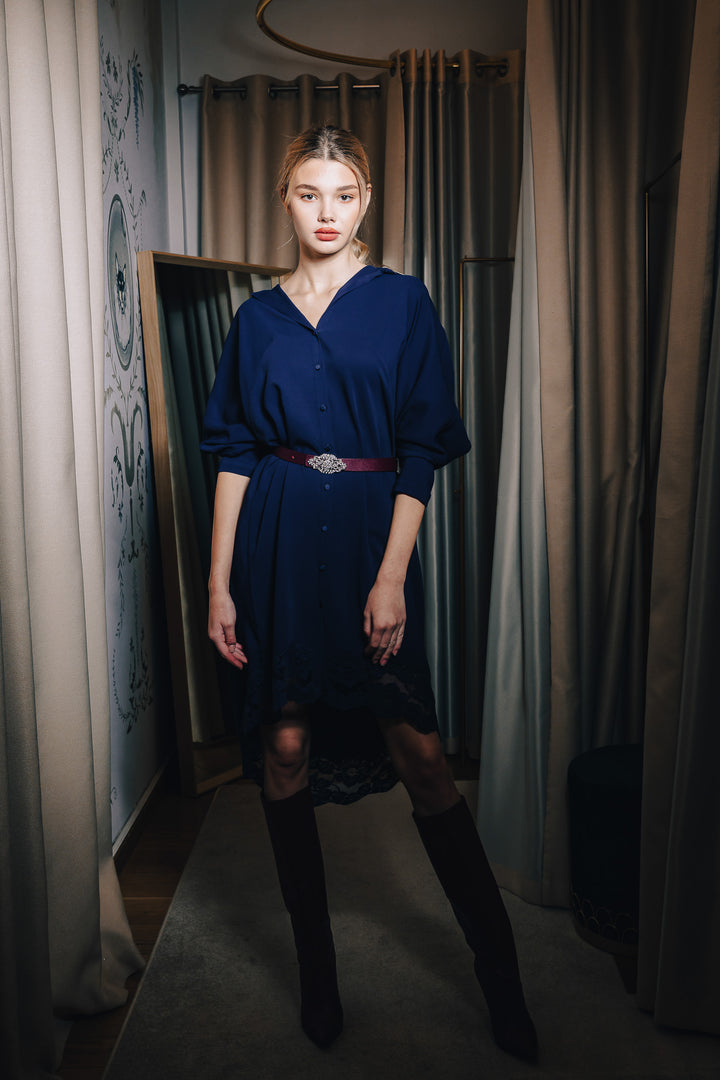 Asy Midnight Blue Lace Embroidered Shirt Midi Dress