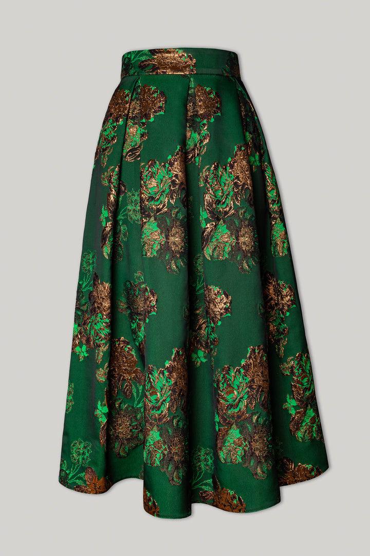Jasmine Flowers Structured Jacquard Skirt Emerald