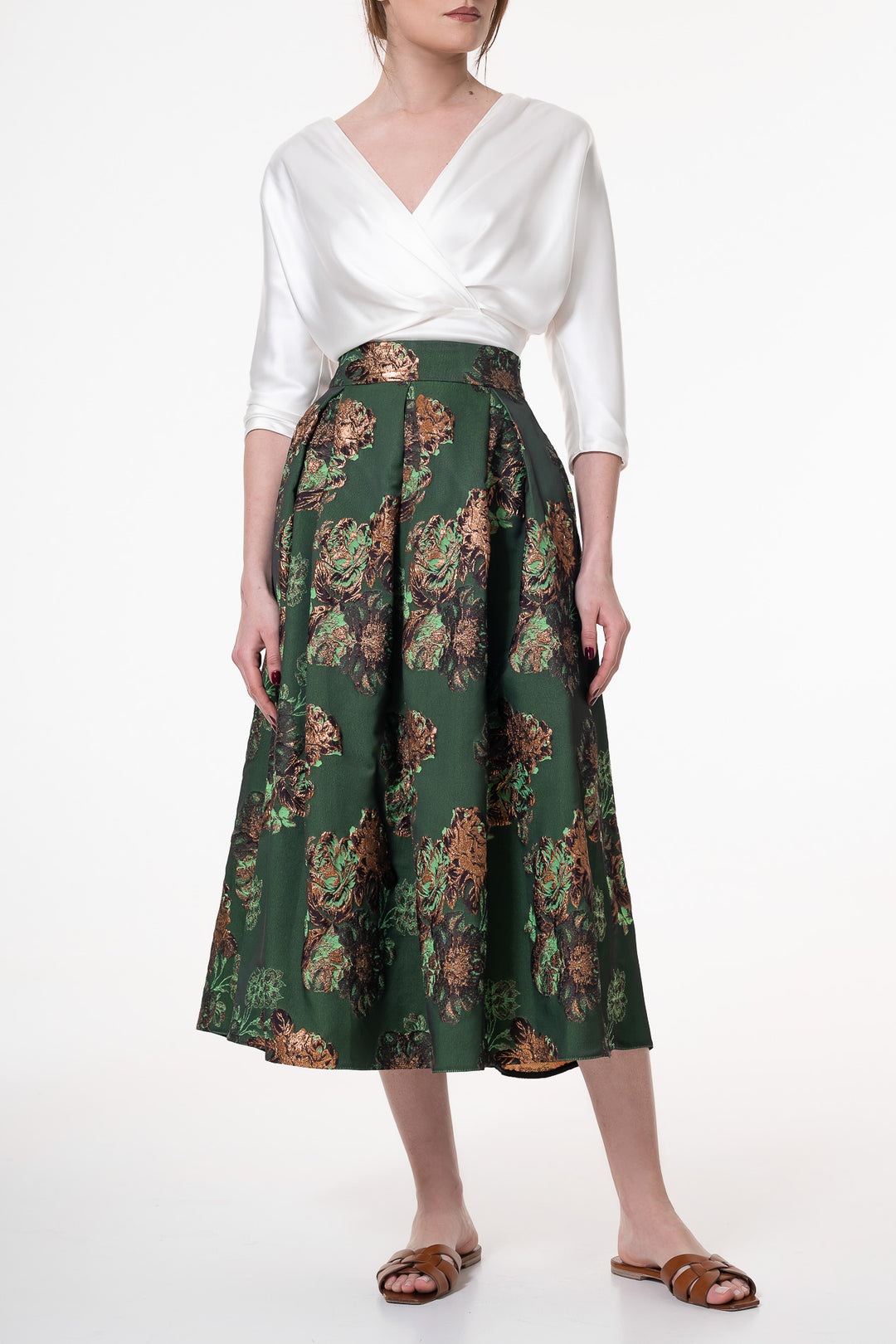 Jasmine Flowers Structured Jacquard Skirt Emerald