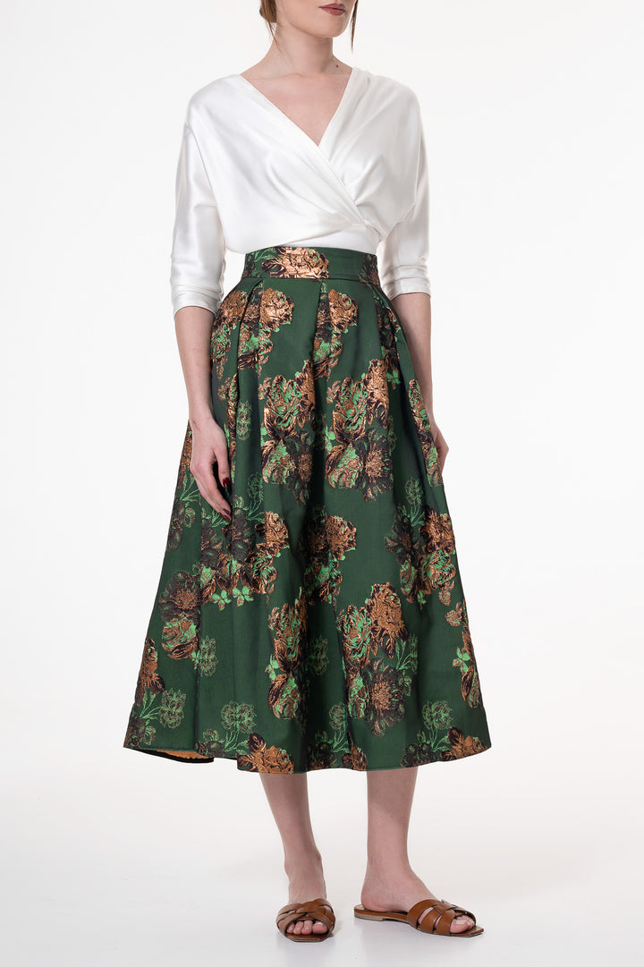 Jasmine Flowers Structured Jacquard Skirt Emerald